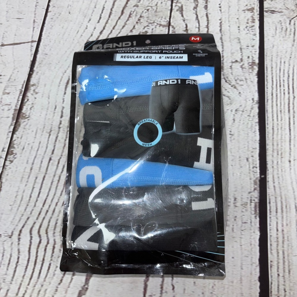 AND1 Mens 6 Pack Breathe Performance Boxer Briefs Support Pouch Medium 6 Inseam